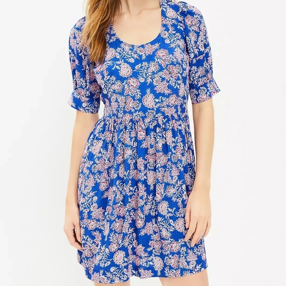 NWT Loft Puff Sleeve Swing Dress, floral design, Size 8 - Picture 1 of 9
